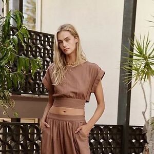 Free People Free-Est Feelin' Free Cropped Blouse Top Boat Neck Cutout XS 283538